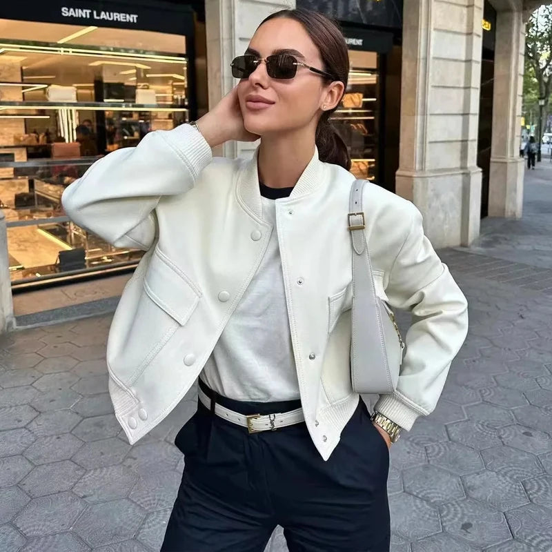 Women's White Cropped Aviator Jacket