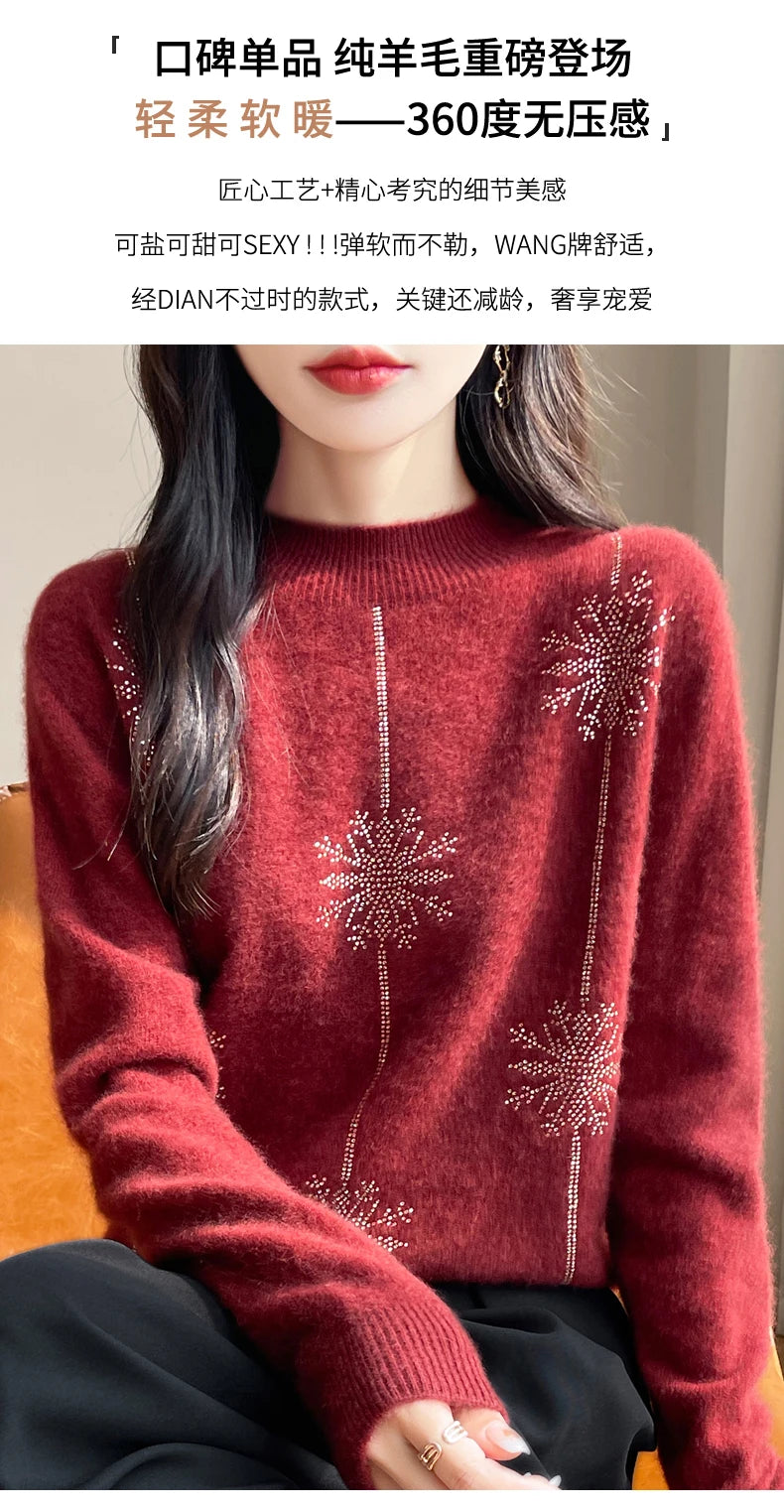 Diamond 100% Merino Wool Sweater 2024 New Women's Fashion Autumn/Winter Warm Hoodie Elegant Half High Collar Jumper Knitted Top