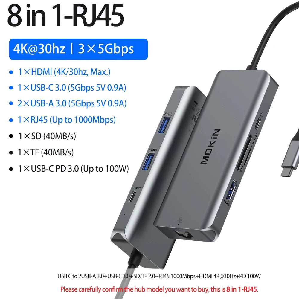 MOKiN USB C HUB 4K60Hz Type C to HDMI 4K DP 3 USB 3.1 Gigabit Ethernet  PD100W Docking Station for MacBook Pro Air M2 M1 usb hub
