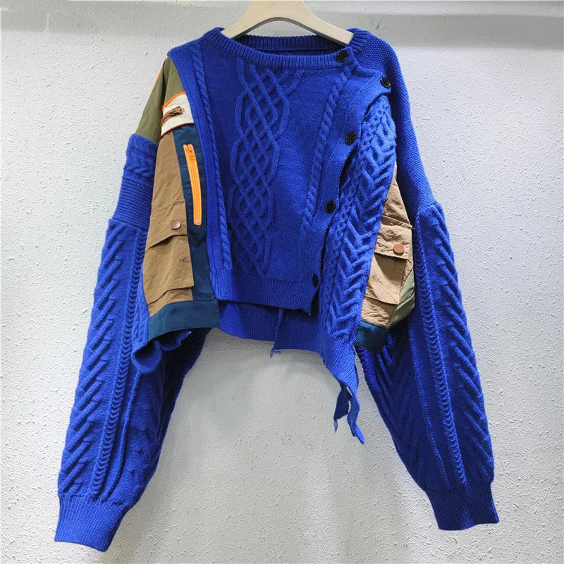 DEAT New Fashion Women's Irregular Patchwork Knitted Sweater 2024 Autumn Trendy Oblique Single Breasted Tops Female 33A2043