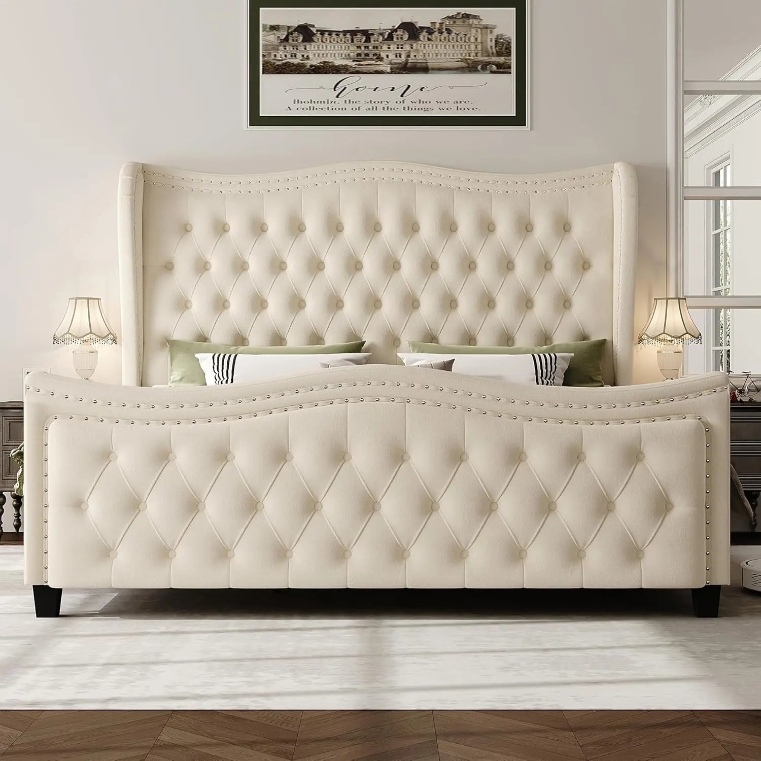 Queen Bed Frame, 55" Headboard Upholstered Bed with Tall Footbaord, Velvet Handmade Pleats Deep Button Tufted Wingback P