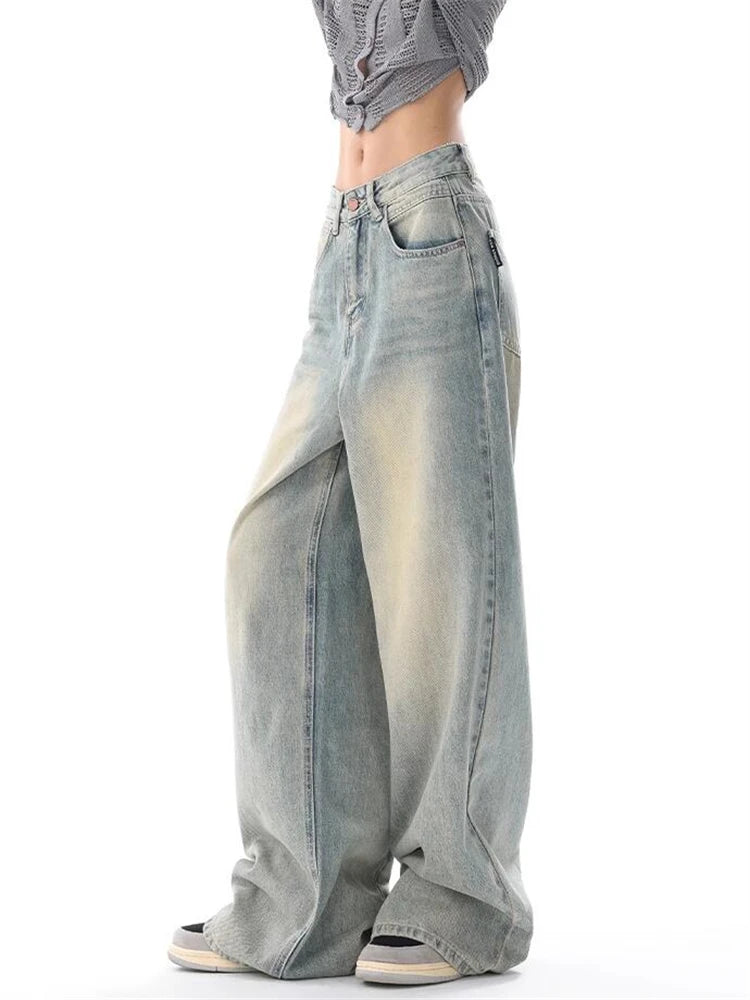 Women's Vintage Washed High Waist Straight Denim Jeans