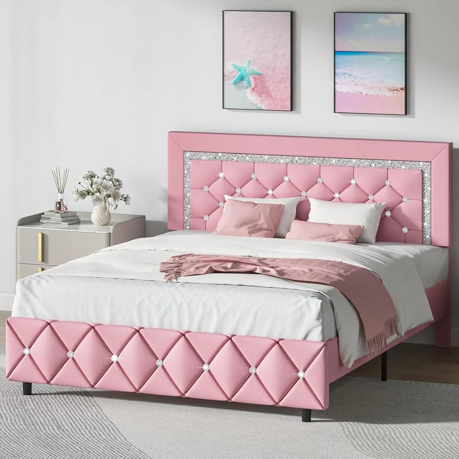 Queen Bed Frame, Upholstered Bed Frame Queen Size with Diamond Tufted Headboard, Faux Leather Headboard & , Wood