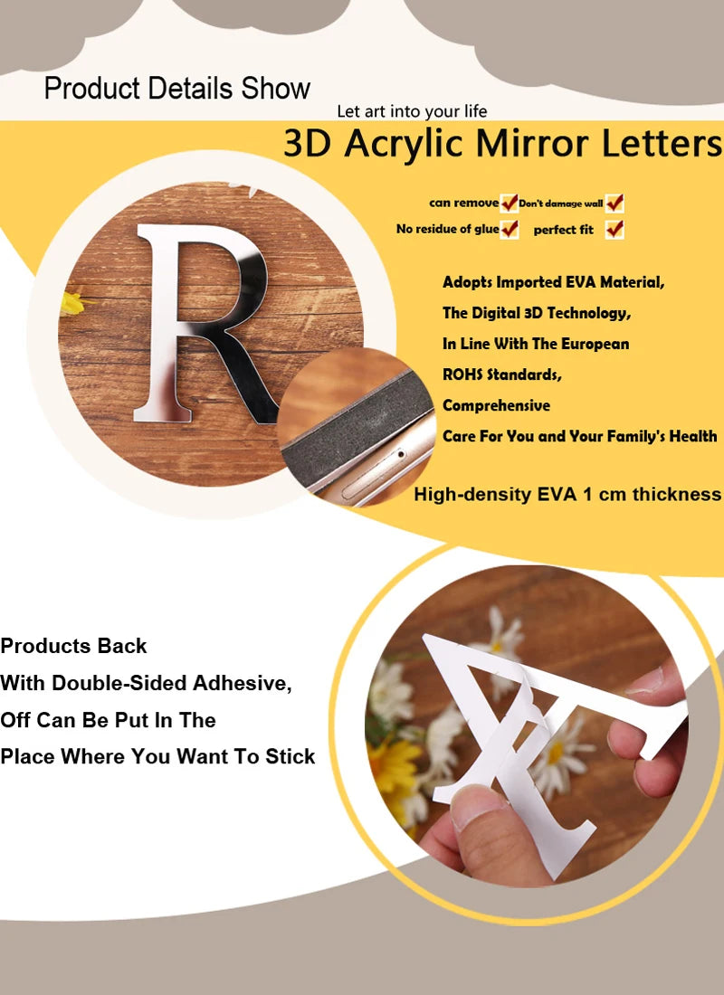 Gold English Letters Mirror 3D Wall Sticker Home Decoration Festival Party Wedding Decor Acrylic Mural Peel & Stick Wallpaper