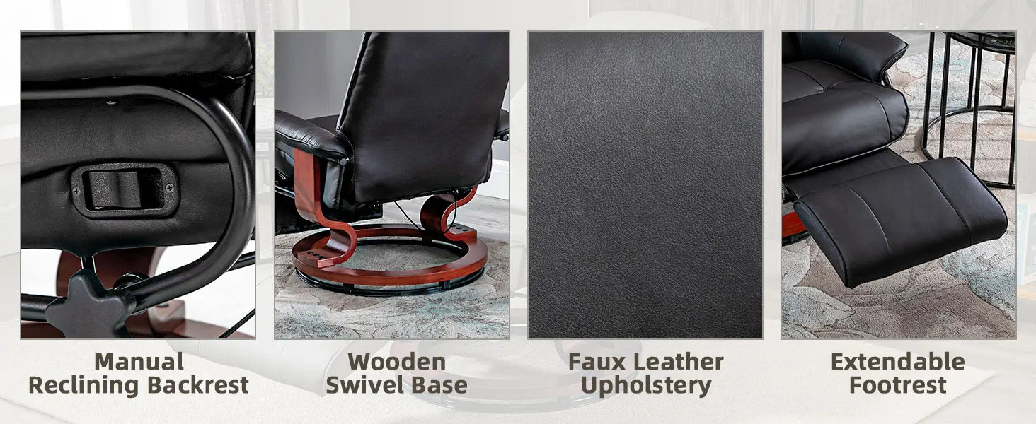 Faux Leather Manual Recliner, Adjustable Swivel Lounge Chair with Footrest, Armrest and Wrapped Wood Base for Living Room, Black