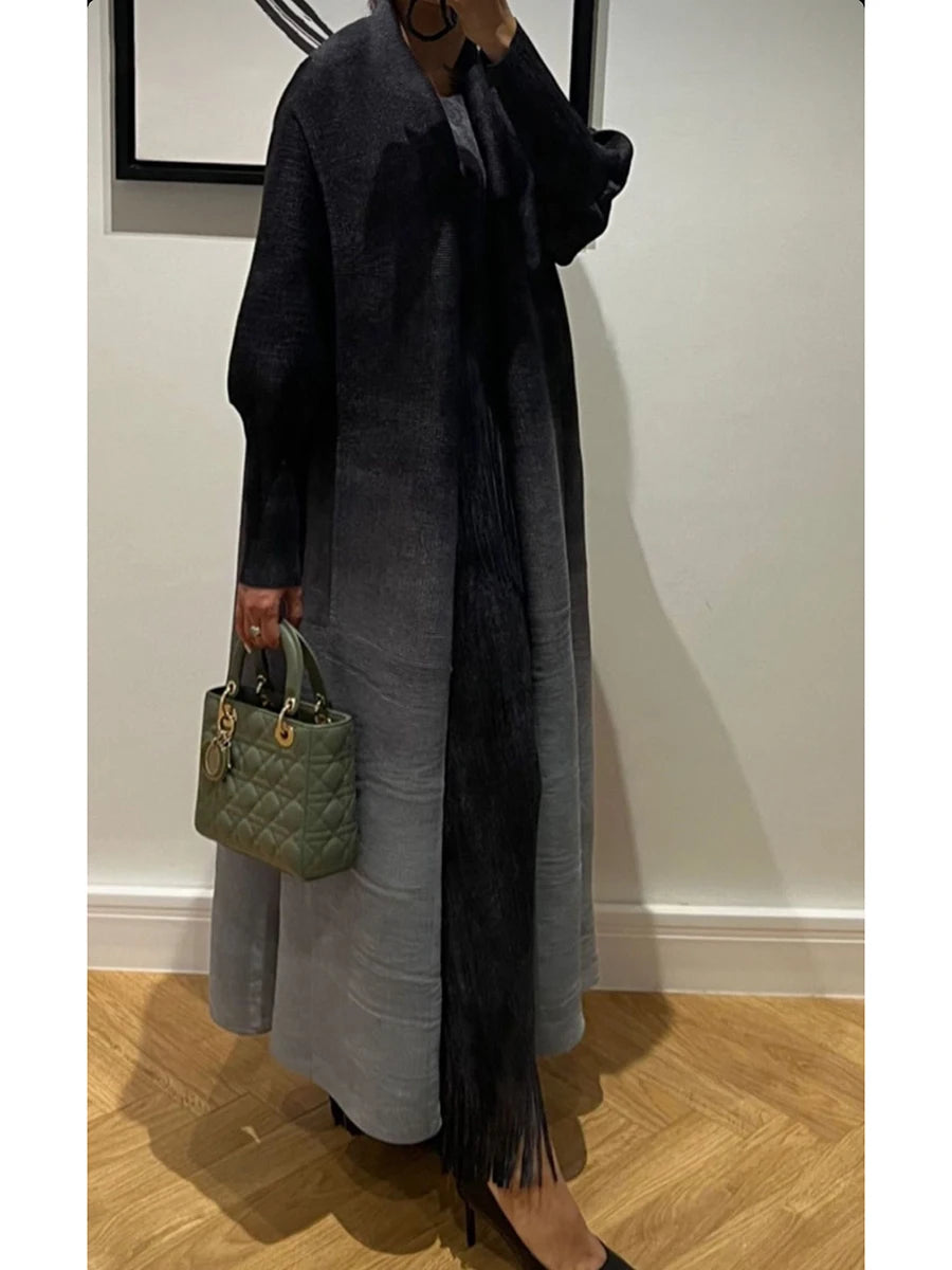 Miyake Pleated Gradient Turndown Collar Lantern Long Sleeve Jacket Women 2024 New Original Designer Abaya Fashion Long Coats