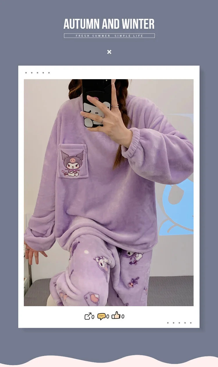 New Sanrio Kuromi Pajama Sets Women Winter Warm Plush Cute Sleepwear Print Pajama Cartoon Home Clothes Valentine'S Day Gift Soft