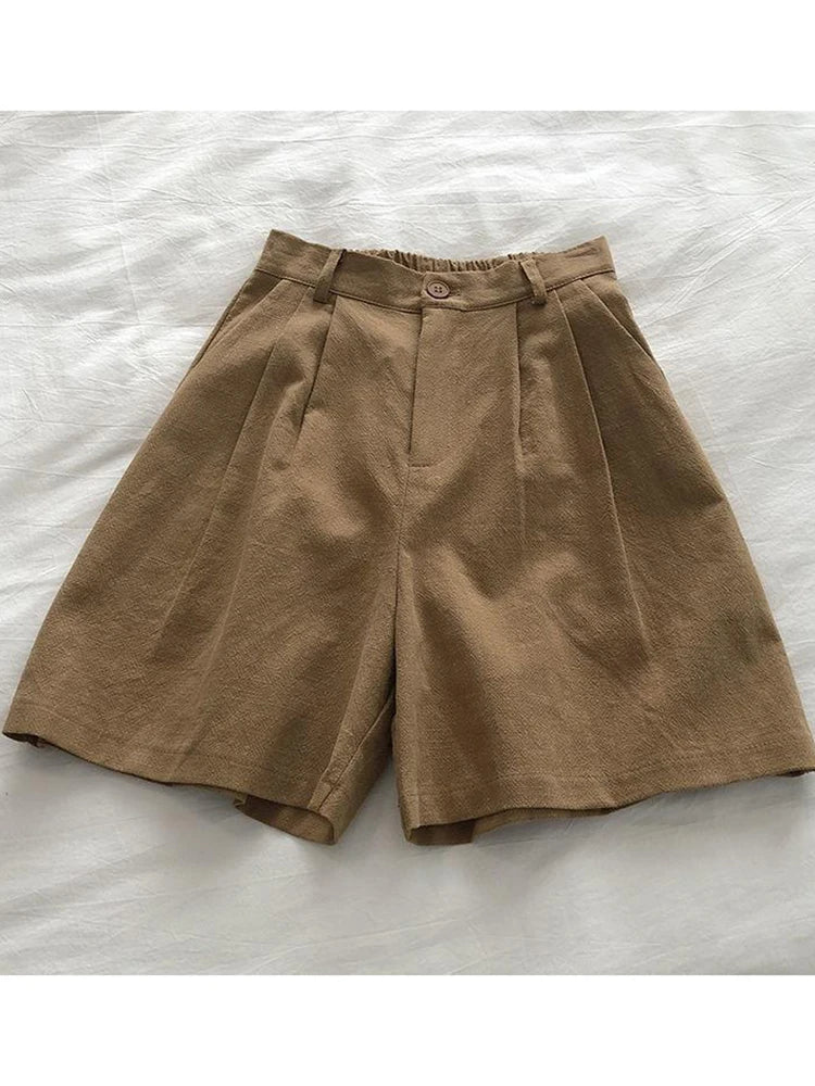 Fitshinling Line Cotton Shorts For Women 2024 New In Fashion Vintage High Waist Short Femme Clothing Solid Slim Pleated Pants