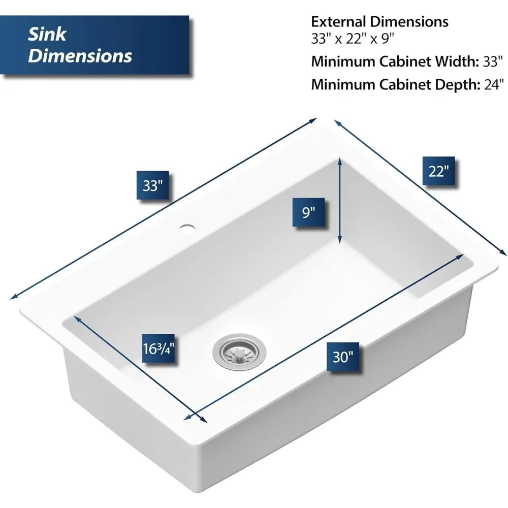 Top Mount. Large Single Bowl Quartz Kitchen Sink in