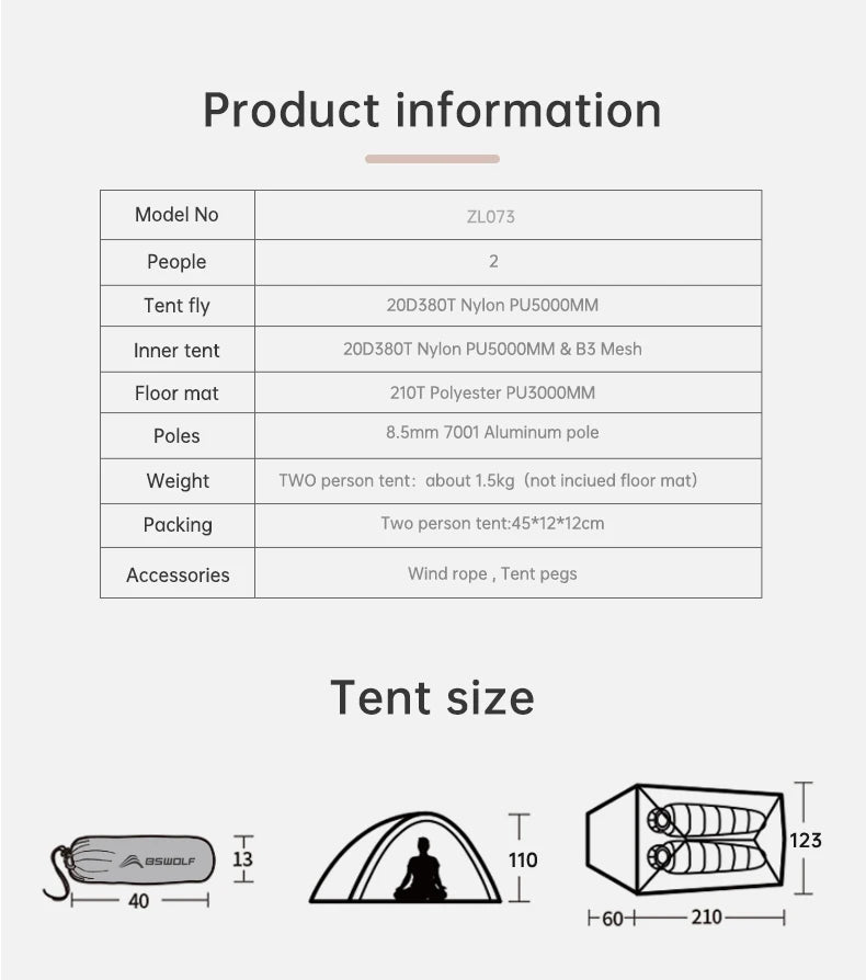BISINNA Ultralight Camping Tent Backpack Tent 20D Nylon Waterproof Outdoor Hiking Travel Tent Cycling Tent 1-2 Person