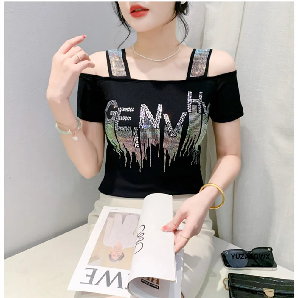 M-3XL Summer New Women's Letter Hot Diamonds T-shirt Clothes Sexy Off Shoulder Short Sleeve Tops Luxury Girl Mesh Slim Tees 2024