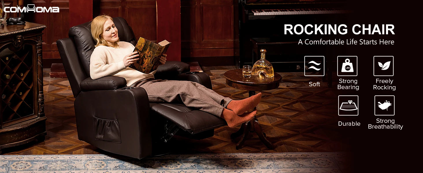 Recliner Chair, PU Rocking Chair for Adults, Swivel Recliner with Cup Holders, Heat and Massage, Single Sofa Seat
