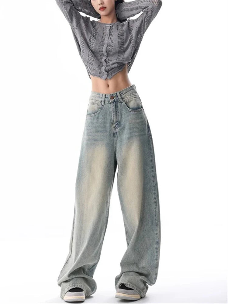 Women's Vintage Washed High Waist Straight Denim Jeans