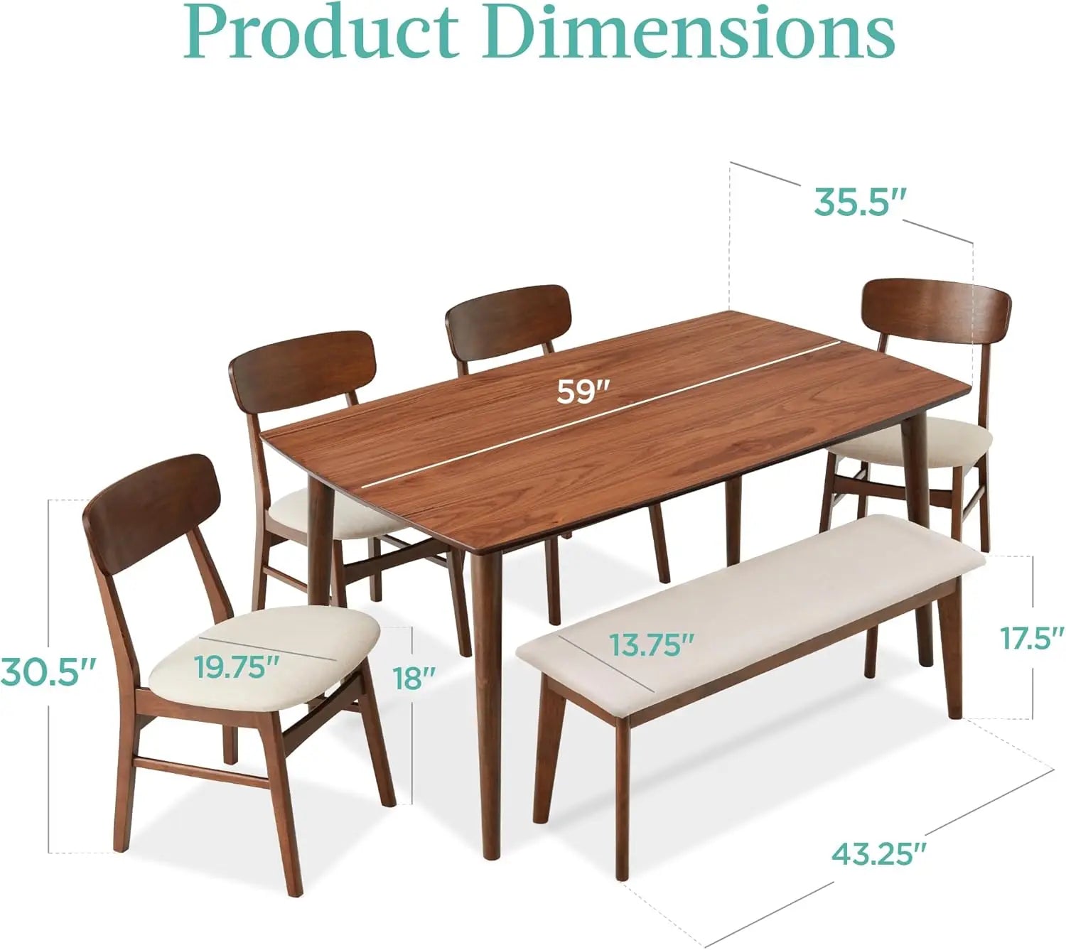 Products 6-Piece Wooden Dining Set, Mid-Century Modern Table & Upholstered Chair Set w/Bench Seat, Rubberwood Legs - Brown