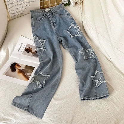 High Waist Straight Leg Loose Fitting Jeans with Stars