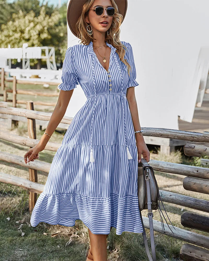 Women Elegant Striped Lantern Sleeve Summer Dress Causal V-neck Button Ruffles Midi Dress 2023 Women Beach Holiday Party Dress