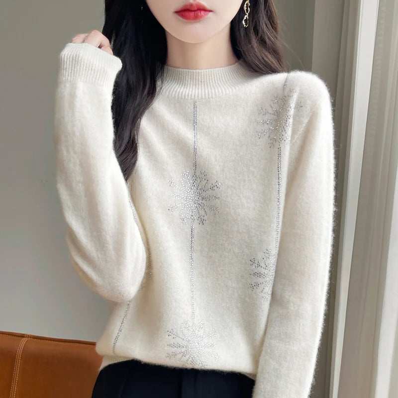 Diamond 100% Merino Wool Sweater 2024 New Women's Fashion Autumn/Winter Warm Hoodie Elegant Half High Collar Jumper Knitted Top