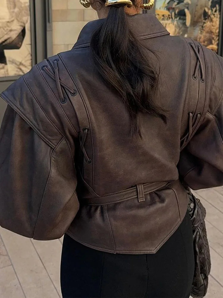 Women's Turn Down Collar Leather Short Jacket