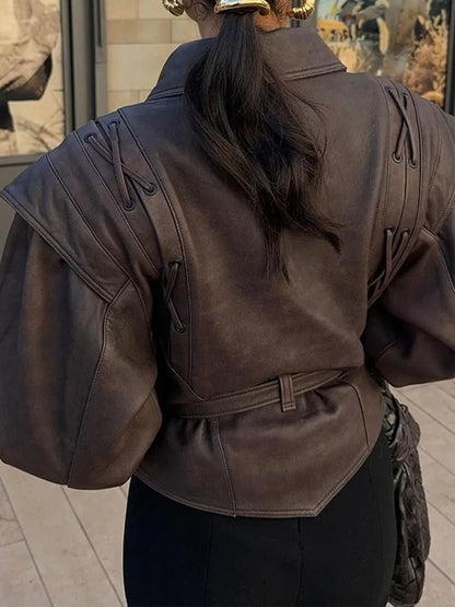 Women's Turn Down Collar Leather Short Jacket