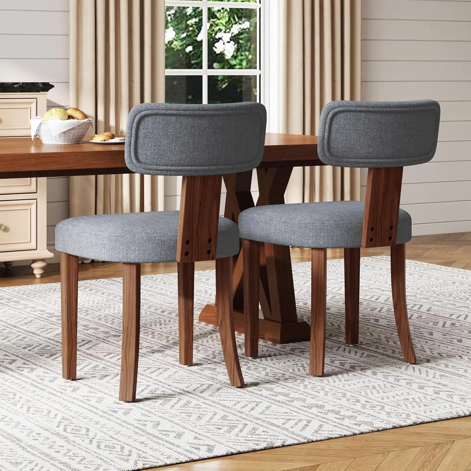 Mid Century Modern Dining Chairs Set of 4, Linen Upholstered Kitchen Chairs with Curved Backrest & Adjustable Legs for Living Ro