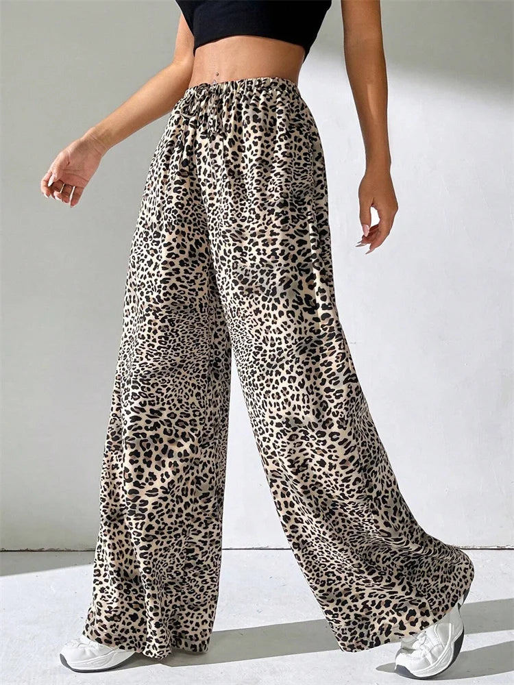 Women's Leopard Printed Drawstring Long Pants Autumn Winter 2024 Vintage Drawstring Elastic Waist Loose Trousers Streetwear