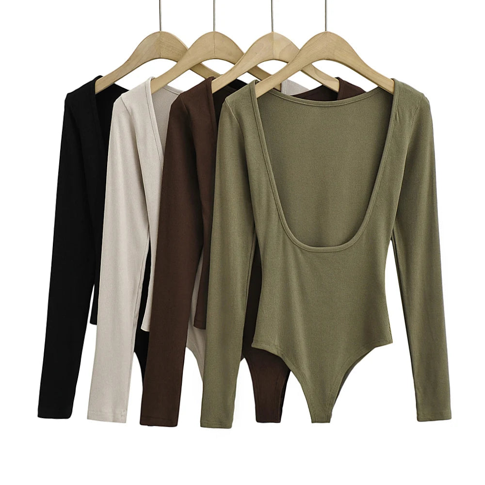 Women's Sexy Clothing Long-sleeve Solid Color Pullover One-Line Neck Backless Bodysuit Knitted Jumpsuit Top