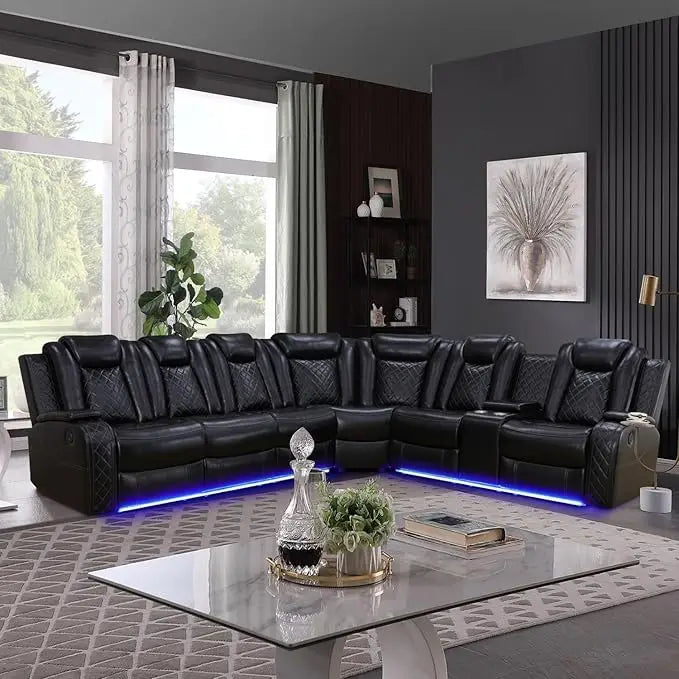 Recliner Sofa Set, Power Reclining Sofa With Drop-Down Table/Double Recliner Loveseat With Storage Console, Theater Recliner