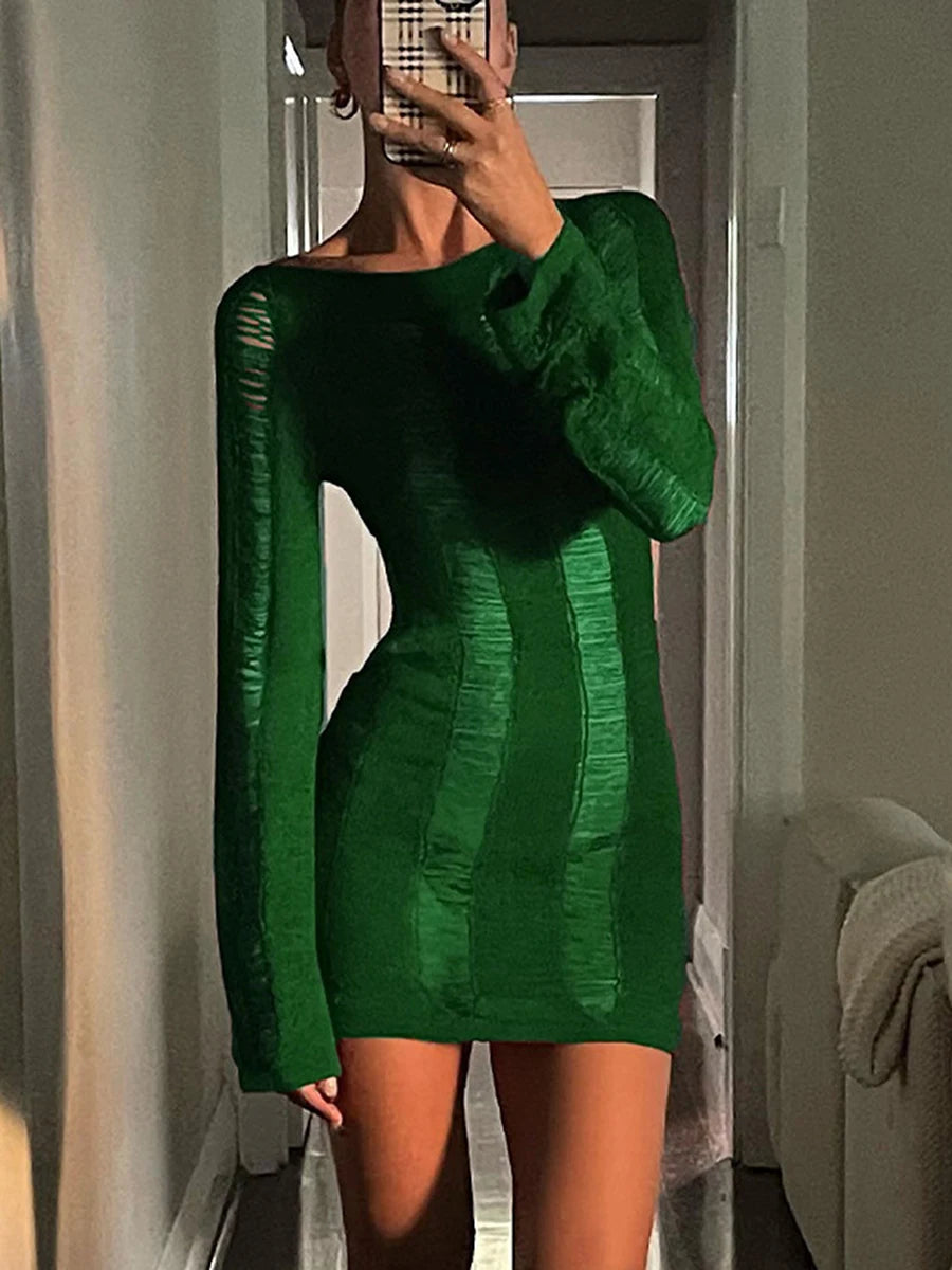 Puloru Sexy Knitted Cutout Short Dress 2022 Spring Summer Backless Long Sleeve Round Neck Wrapped Mini Dresses Streetwear Solid