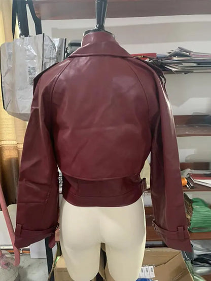 Elegant Turn-Down Collar Leather Jacket