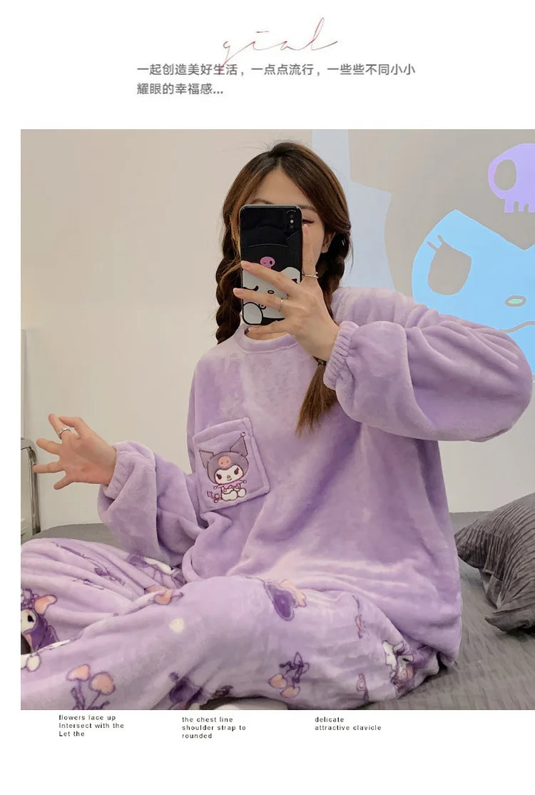 New Sanrio Kuromi Pajama Sets Women Winter Warm Plush Cute Sleepwear Print Pajama Cartoon Home Clothes Valentine'S Day Gift Soft