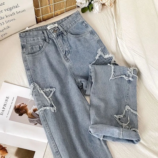 High Waist Straight Leg Loose Fitting Jeans with Stars