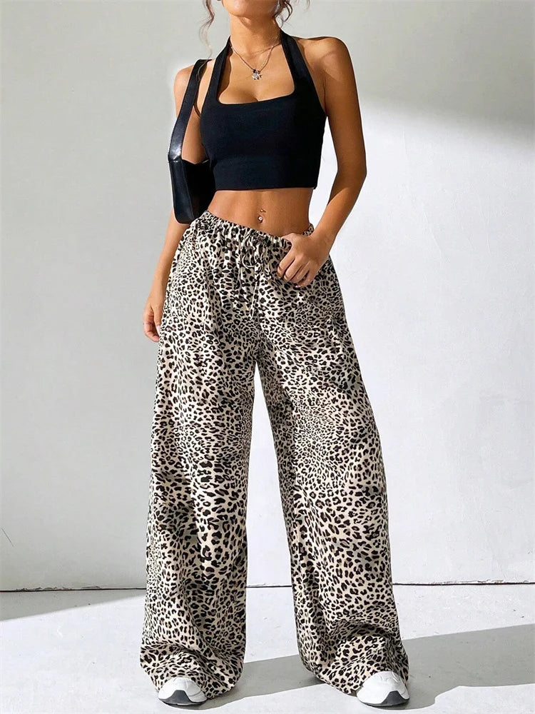 Women's Leopard Printed Drawstring Long Pants Autumn Winter 2024 Vintage Drawstring Elastic Waist Loose Trousers Streetwear