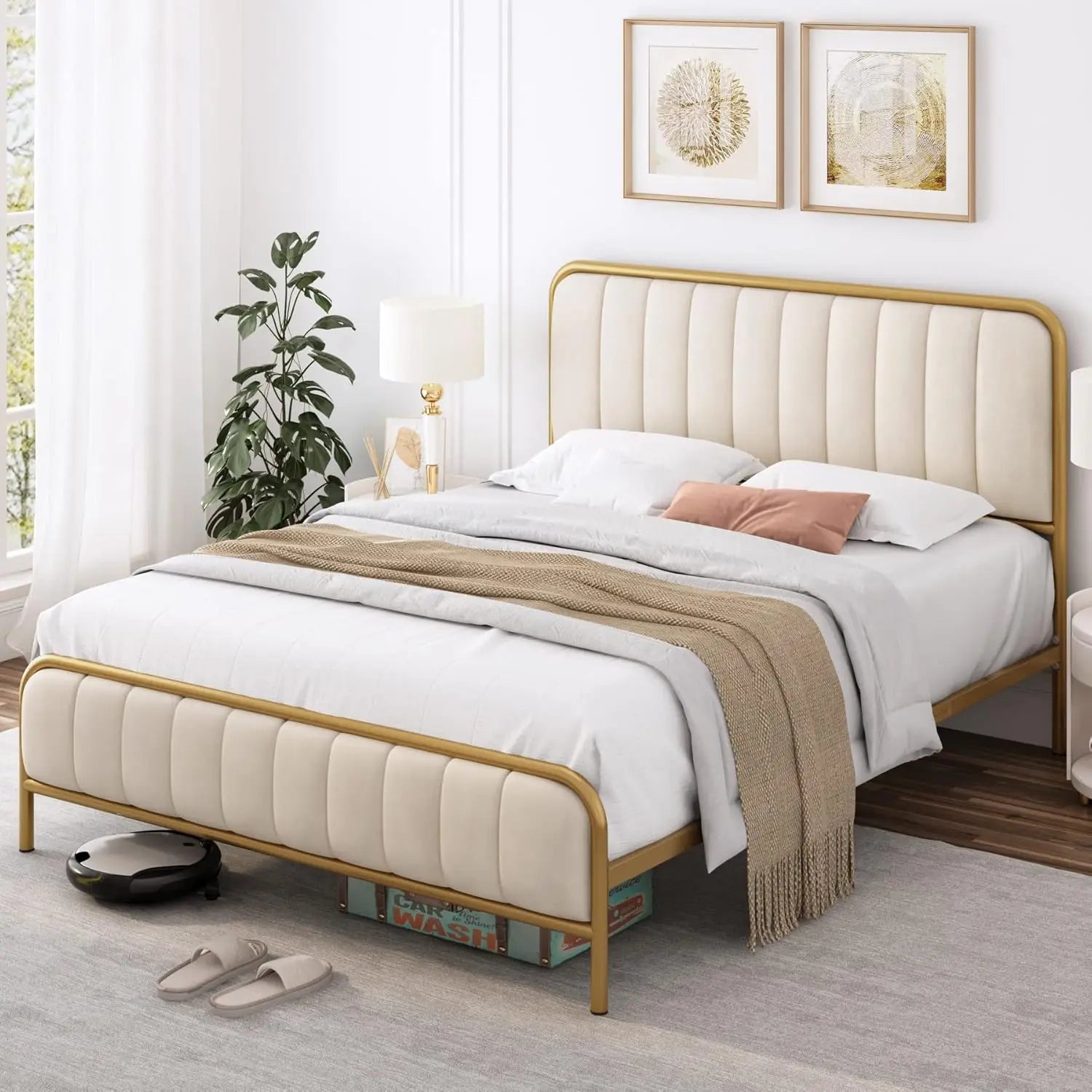 Full Size Bed Frame with Button Tufted Headboard, Upholstered Heavy Duty Metal Mattress Foundation with Wooden Slats