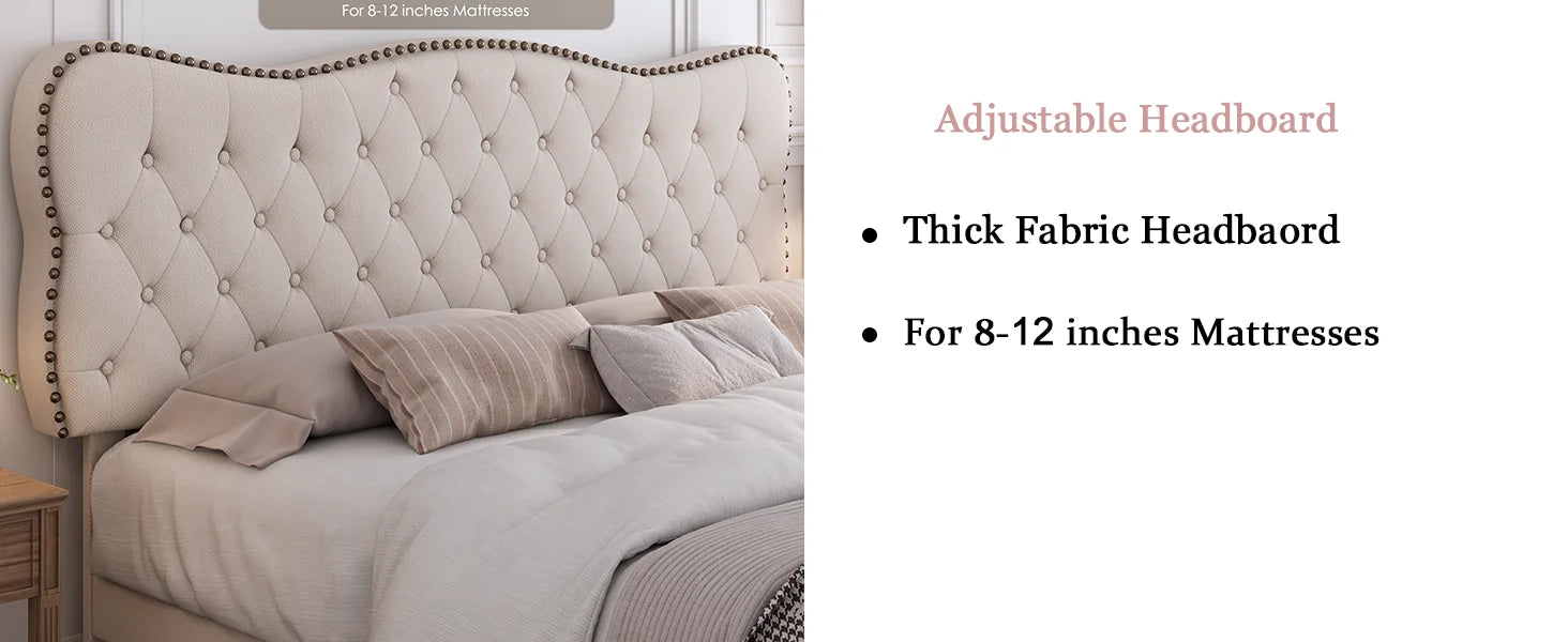 King Size Bed Frame, Linen Fabric Upholstered Platform with Adjustable Headboard, Diamond Tufted Mattress Foundation