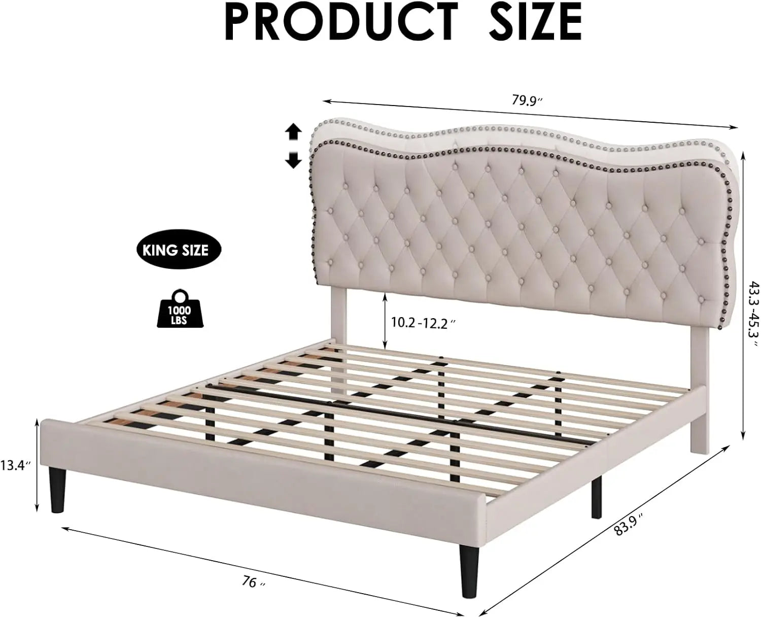 King Size Bed Frame, Linen Fabric Upholstered Platform with Adjustable Headboard, Diamond Tufted Mattress Foundation