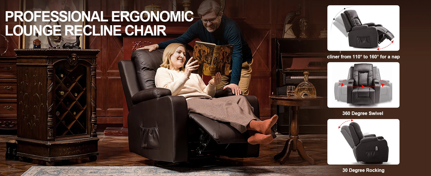 Recliner Chair, PU Rocking Chair for Adults, Swivel Recliner with Cup Holders, Heat and Massage, Single Sofa Seat