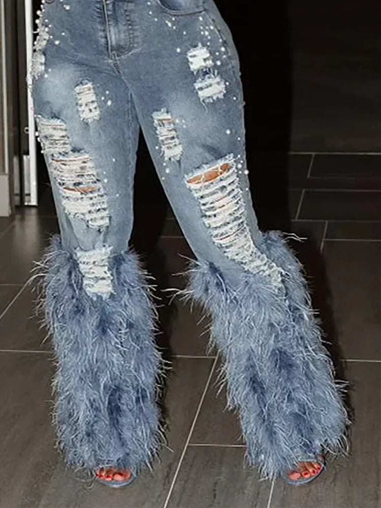 Women's High Waist Y2K Tassel Hole Denim Jeans