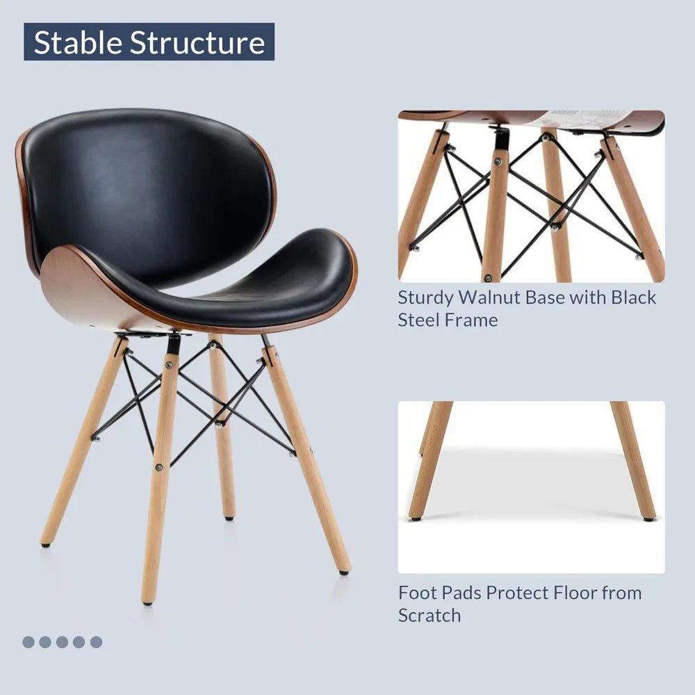 Modern Dining Chairs Upholstered Faux Leather Walnut Curved Contemporary Kitchen Dining Accent Chair Minimalist Vintage Style