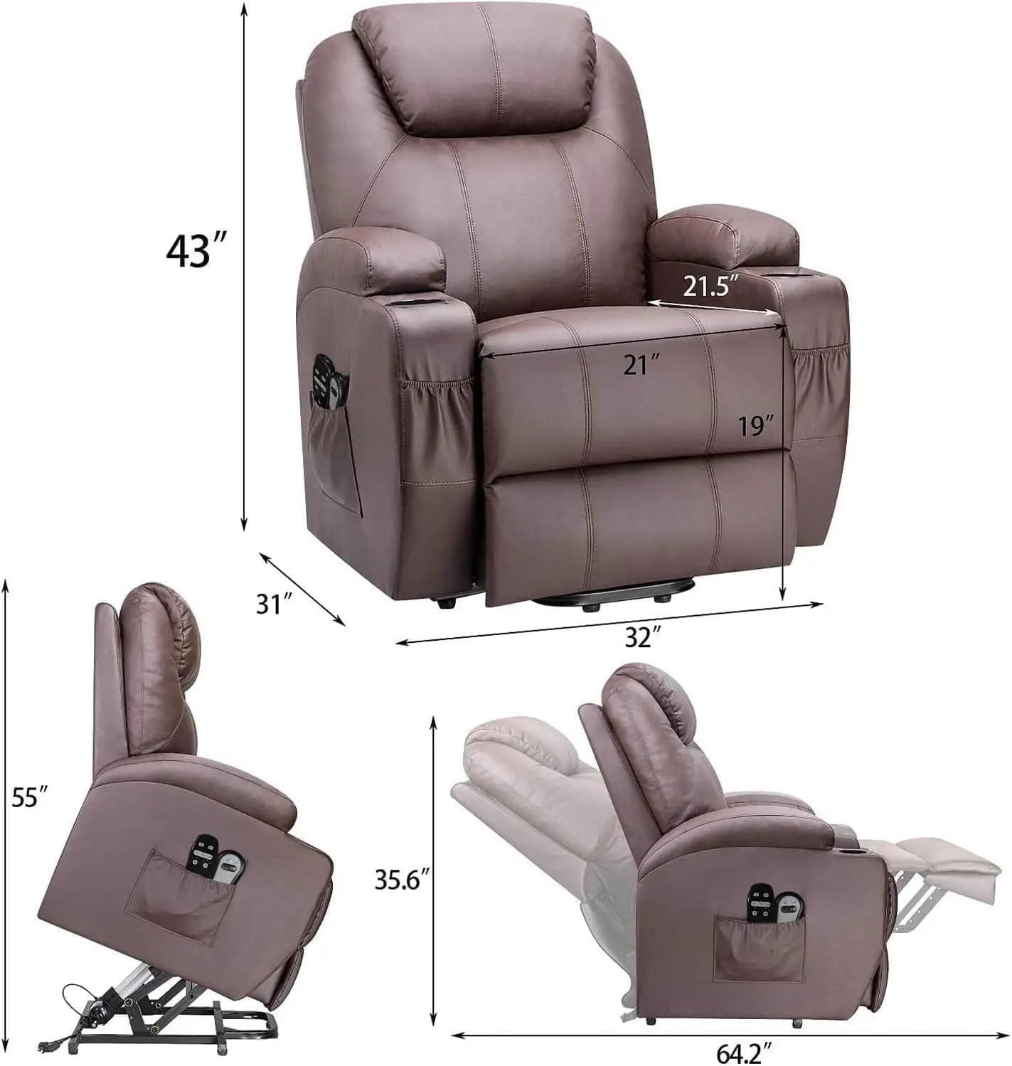 Power Lift Recliner Sofas with Massage, Ergonomic Lounge Chair Classic Single Sofa with 2 Cup Holders Side Pockets Theater Seat