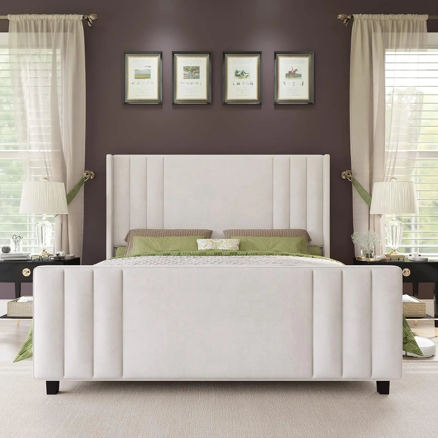 Queen Size Bed Frame, Velvet Upholstered Platform Bed with Vertical Channel Tufted Headboard & Footboard/Wingback, Matt