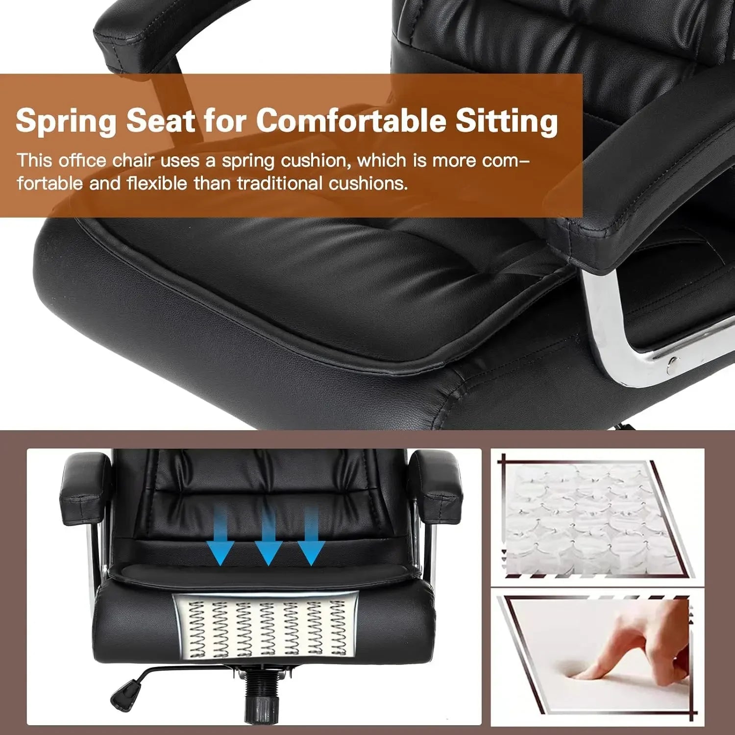 Office Chair Adjustable Leather Chair High Back Swivel Office Desk Chair with Padded Armrest 350lbs Load-Bearing Spring Seat Com