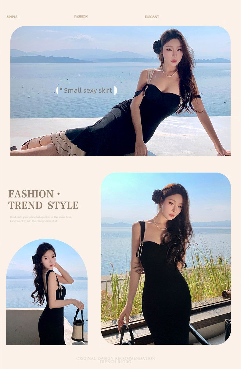 French Black Backless Dress Step-by-Step Lotus Sling