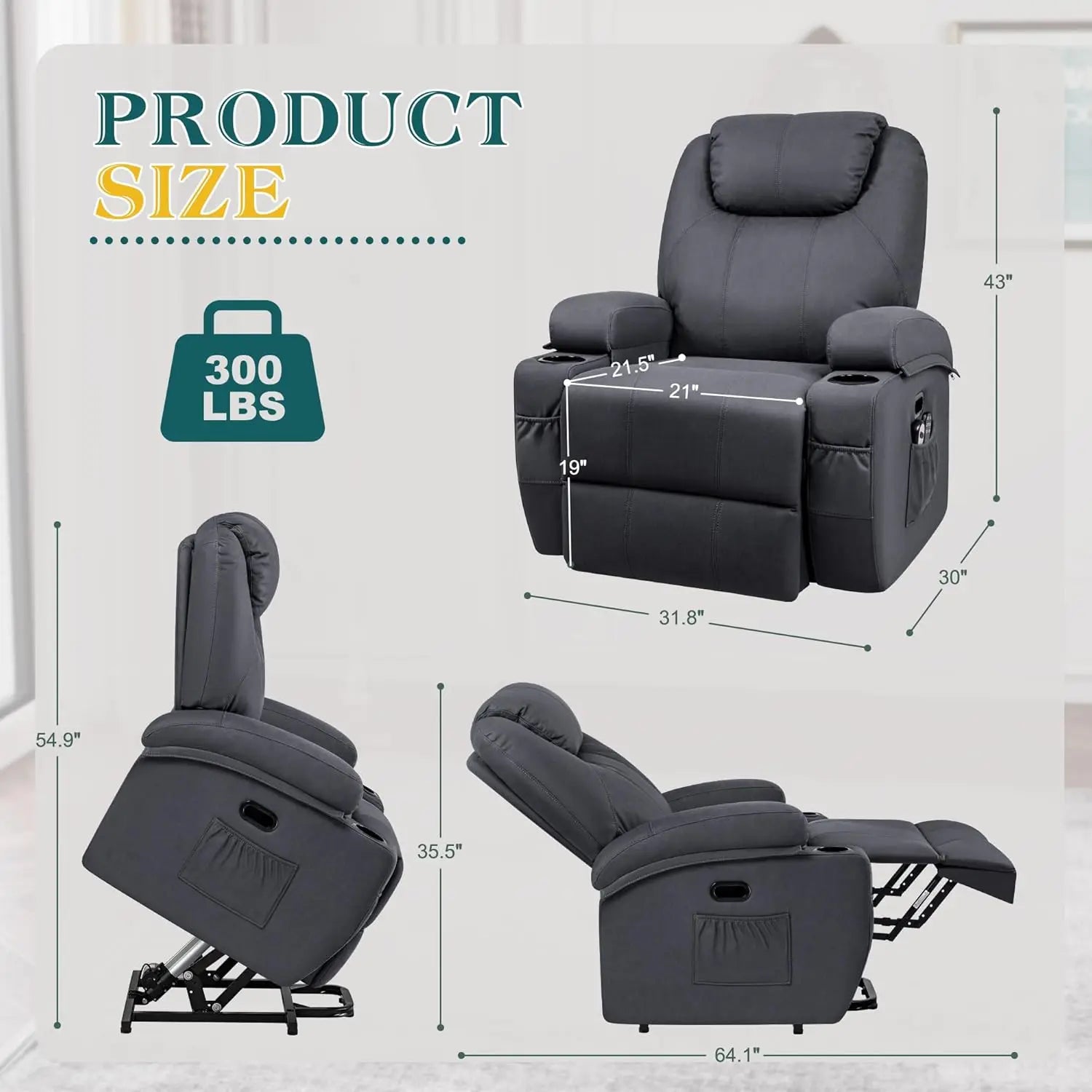 Power Lift Recliner Sofas with Massage, Ergonomic Lounge Chair Classic Single Sofa with 2 Cup Holders Side Pockets Theater Seat