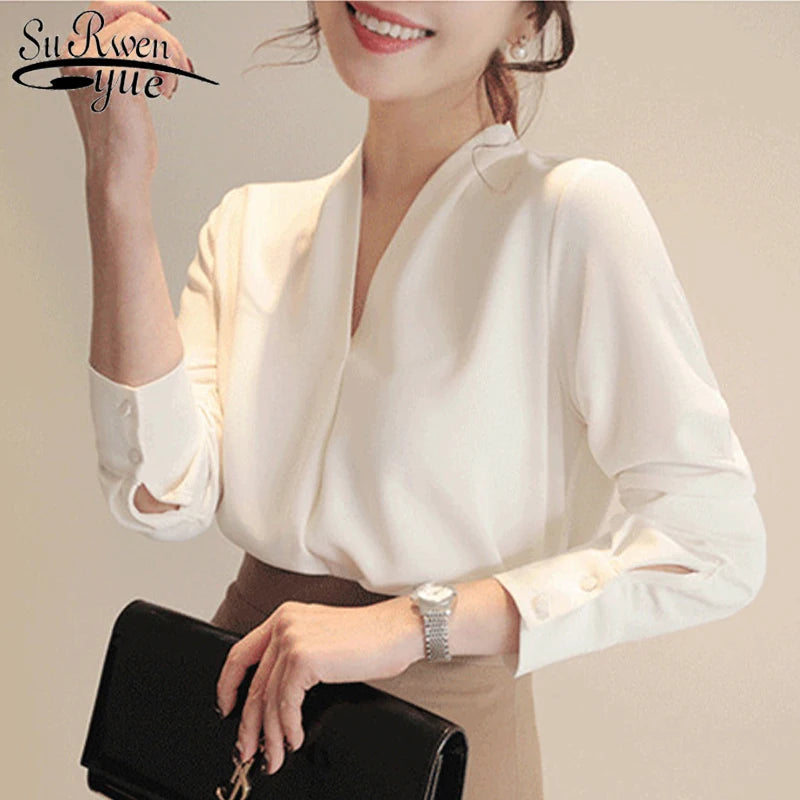 Women Shirt Classic Chiffon Blouse S-4XL Plus Size Loose Long Sleeve Shirt Lady Simple Style Tops Female Clothes New Blusas 6830