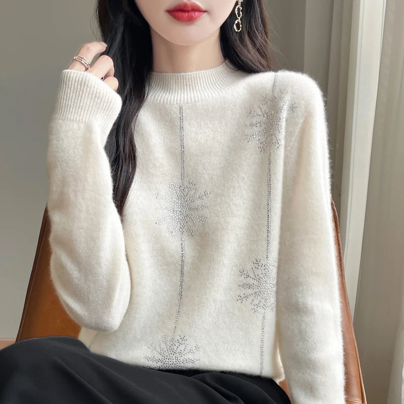 Diamond 100% Merino Wool Sweater 2024 New Women's Fashion Autumn/Winter Warm Hoodie Elegant Half High Collar Jumper Knitted Top