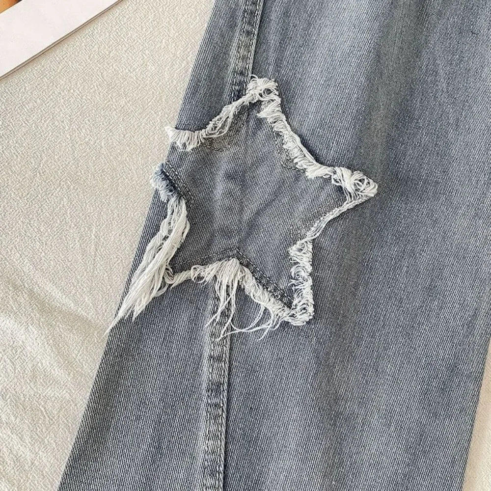 High Waist Straight Leg Loose Fitting Jeans with Stars