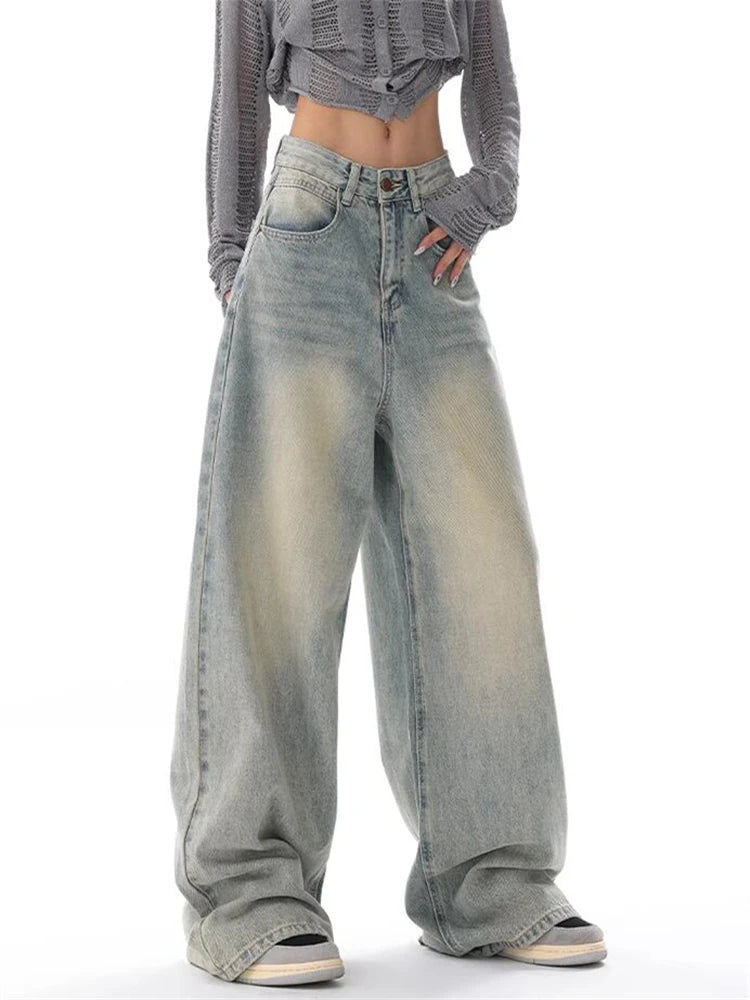 Women's Vintage Washed High Waist Straight Denim Jeans