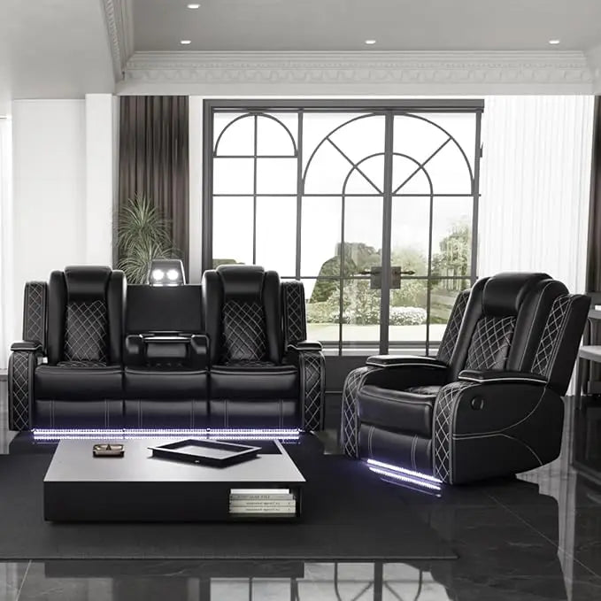 Recliner Sofa Set, Power Reclining Sofa With Drop-Down Table/Double Recliner Loveseat With Storage Console, Theater Recliner