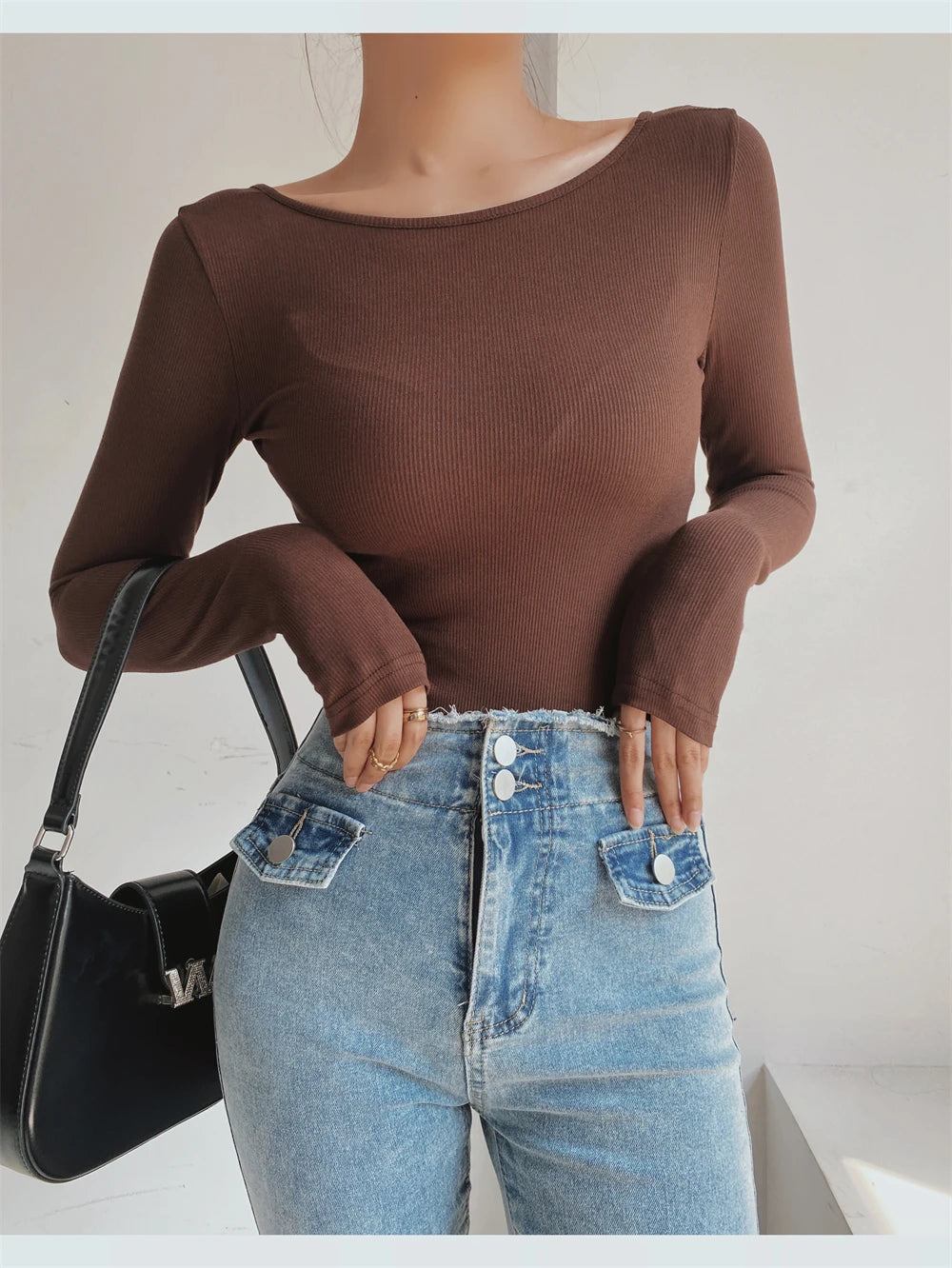 Women's Sexy Clothing Long-sleeve Solid Color Pullover One-Line Neck Backless Bodysuit Knitted Jumpsuit Top