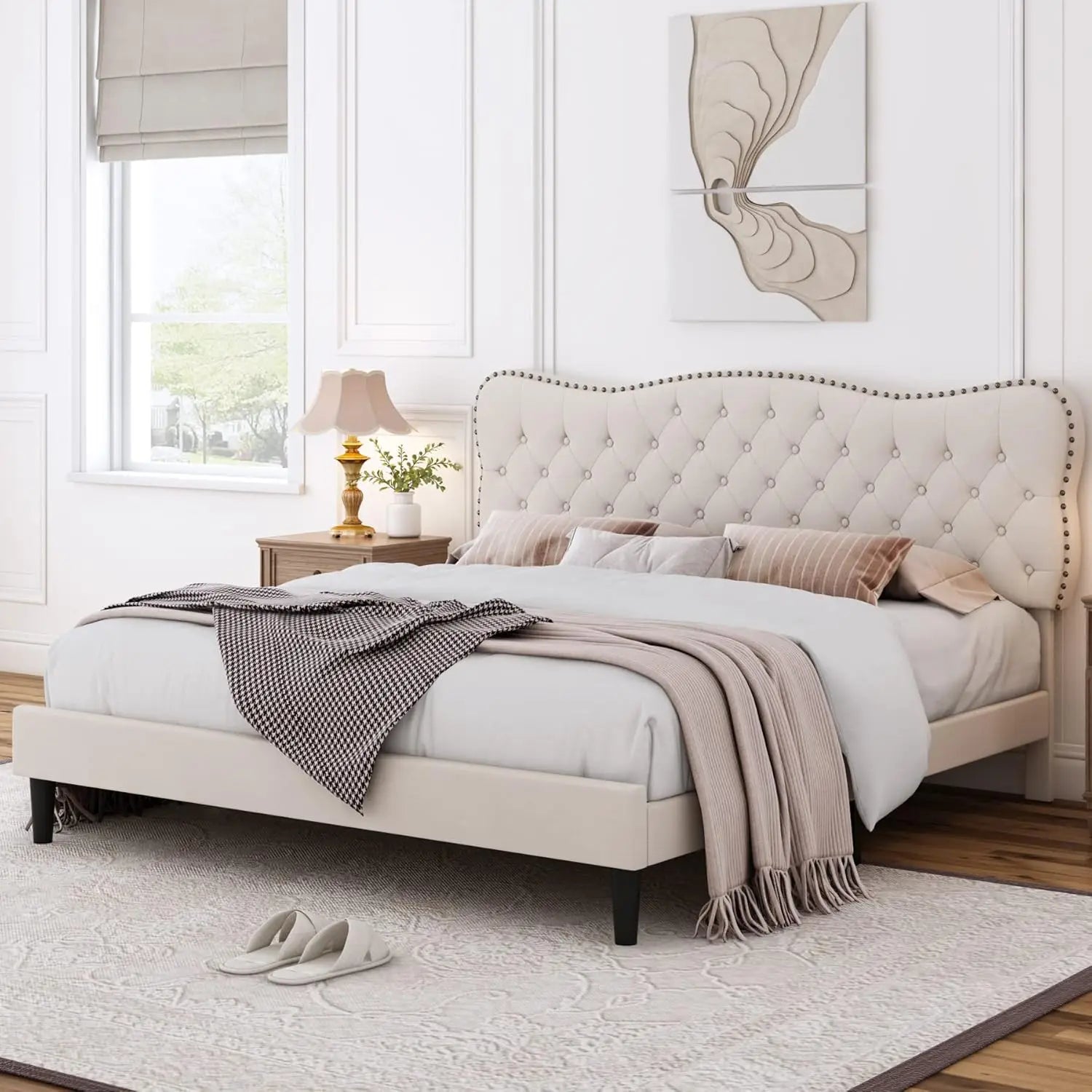 King Size Bed Frame, Linen Fabric Upholstered Platform with Adjustable Headboard, Diamond Tufted Mattress Foundation